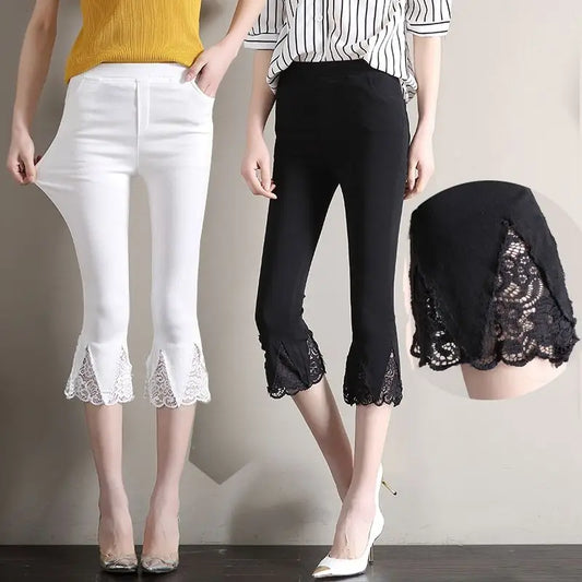 Summer Women Clothing Flare Capris Pants Thin Splicing Lace Korean Fashion New Elastic High Waist Solid Casual Slim Trousers