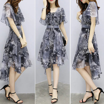 Women floral Chiffon Flower Dress 2026 trends new in Ladies Elegant V Neck short Sleeve korean style Summer Dress Female Clothes