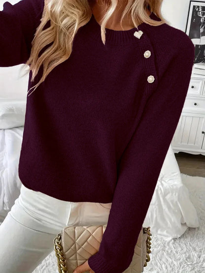 Women Asymmetrical Gold Button Crew Neck Knit Sweater, Soft Solid Long Sleeve Casual Pullover Jumper For Spring Autumn Daily Wear