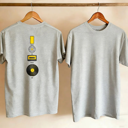 Music Evolution Media Vertical Graphic T-Shirt Men Back Print Cotton Short Sleeve Vinyl Cassette CD Phone Nostalgia Casual Tee