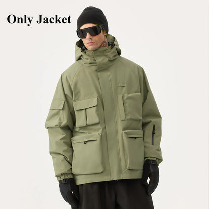 Unisex American Cargo Ski Jacket Loose Multi-Pocket Snow Coat Windproof Waterproof Warm Hooded Snowboard Jacket Men Women Skiing