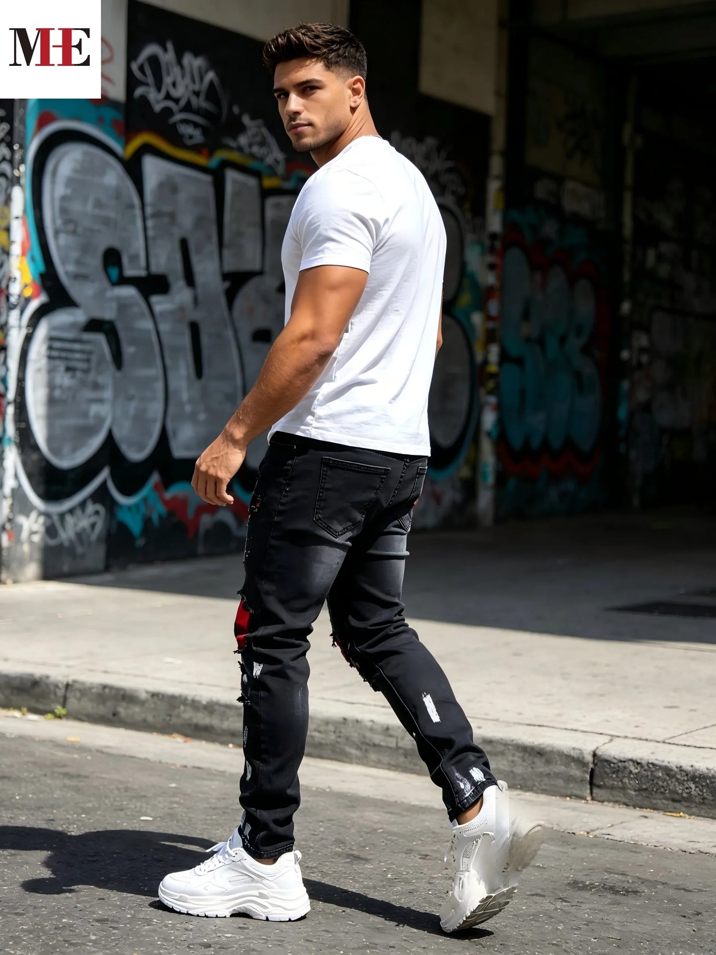 HME Men's Black Gray Denim Pants, Plaid Patch Paint Splatter Slim Skinny Jeans for Streetwear