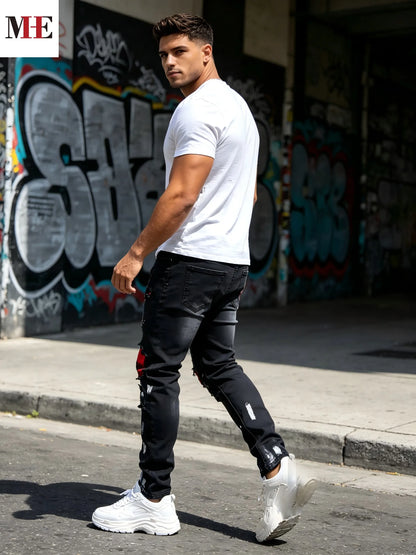 HME Men's Black Gray Denim Pants, Plaid Patch Paint Splatter Slim Skinny Jeans for Streetwear