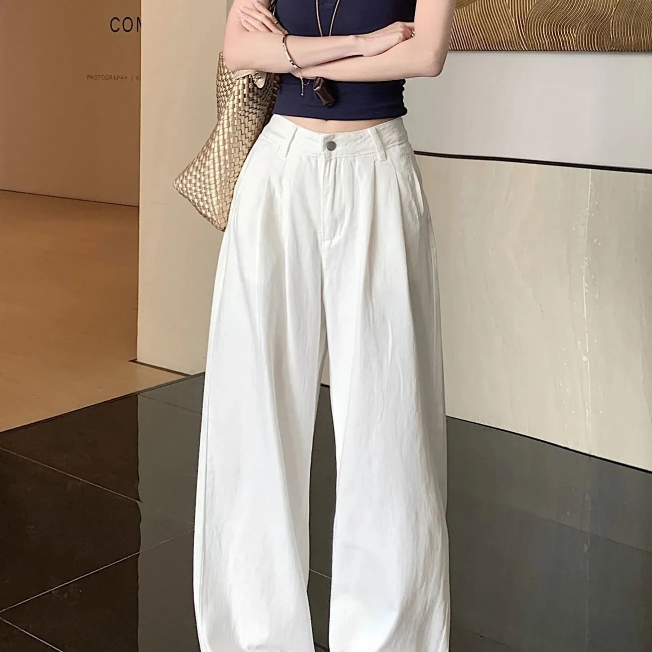 Y2K Korean Style Women's White High Waisted Wide Leg Jeans 2026 Spring Summer New Pleated Design Draped Casual Pants Streetwear