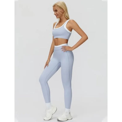QBGJTD Womens Workout Set Two Pcs U Back Color Block Sports Bra Matching High Waist Leggings Gym Pilates Outfits