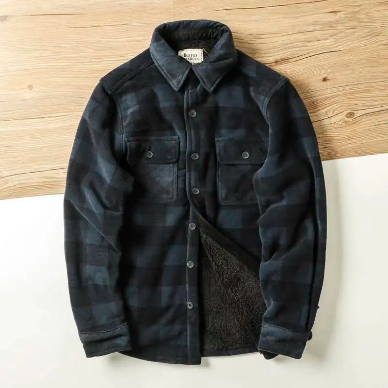 Winter Men's Plaid Flannel Shirts Thick Fleece Jacket Quilted Lined Long Sleeve Lamb Wool Checkered Shirt