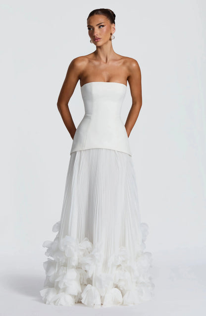 Women's Formal Evening Gowns Summer White Strapless Long Sash Back Handmade 3D Floral Sheer Long Gala Ceremony Dress