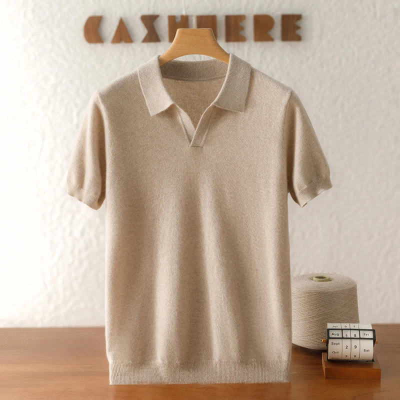 100% Pure Cashmere Sweater Men's Seagull Collar 5-Point Sleeve T-Shirt Short Sleeve Spring and Autumn Conventional Thickness