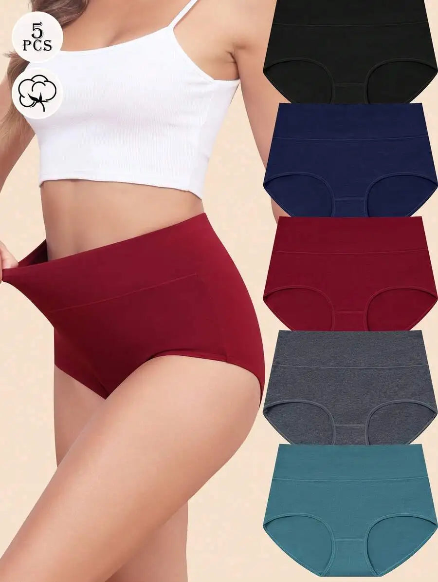 5 Pack Women High Waist Cotton Brief Soft Stretch Full Coverage Panties