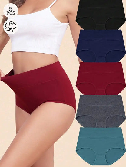 5 Pack Women High Waist Cotton Brief Soft Stretch Full Coverage Panties