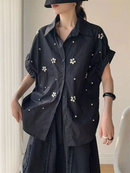 High-end Diamonds Stitch Loose Casual Cotton Short Sleeve Shirts Blouses Women 2025 Spring Summer Single Breasted Tops Blusas