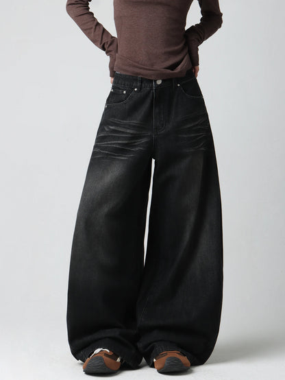 Women's American Vintage Applique Embroidery Design Black Loose Wide-Leg Jeans