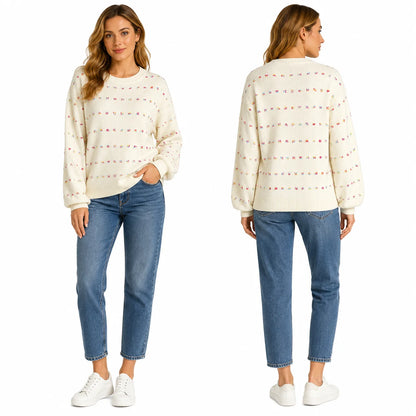 Women Colorful Confetti Dot Knit Sweater, Crew Neck Drop Shoulder Long Balloon Sleeve Loose Casual Pullover Sweater for Fall Winter Daily Streetwear