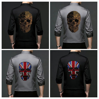 2026 Spring Autumn Luxury Men Streetwear Shirt Shiny Rhinestone Design Loose Natural Silk Casual Long Sleeve Shirt