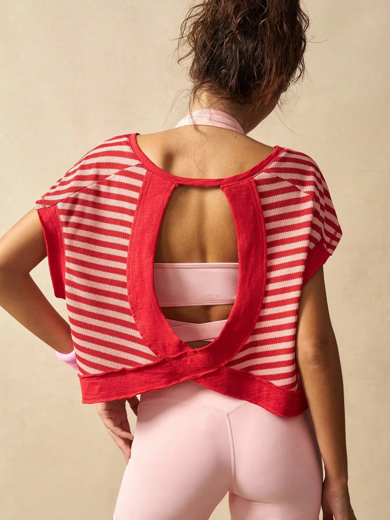 Women Striped Open Back Workout Top Gym Crop Top Summer Active Wear