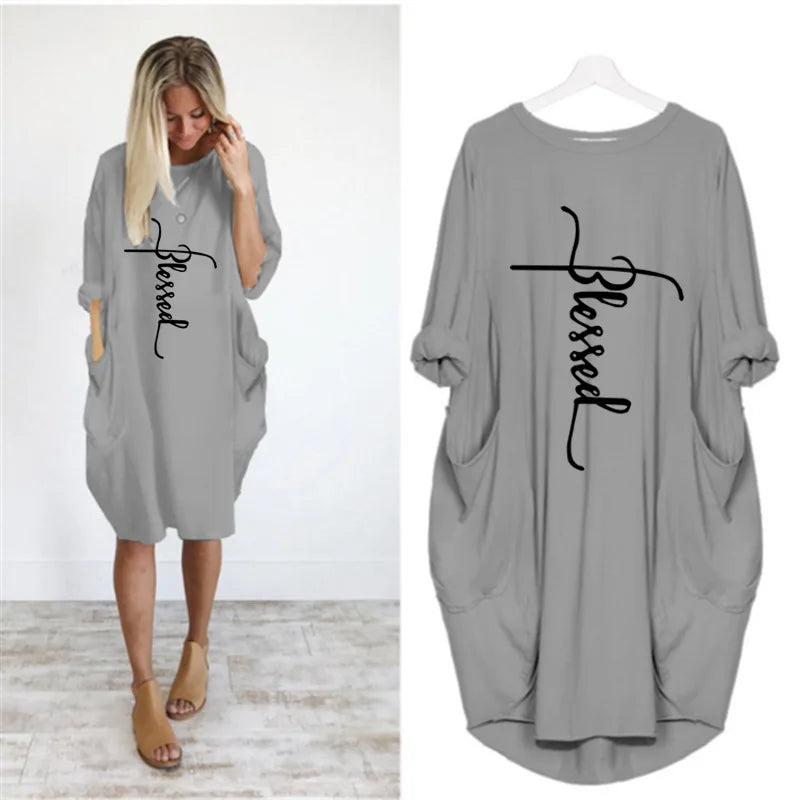 Plus Size Women Short Sleeve O-Neck Loose Casual Dresses Casual Short Sleeve Shirt Mini Dresses Round Neck Pockets Sexy Female T