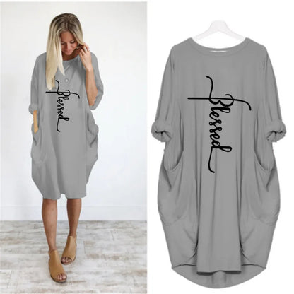 Plus Size Women Short Sleeve O-Neck Loose Casual Dresses Casual Short Sleeve Shirt Mini Dresses Round Neck Pockets Sexy Female T