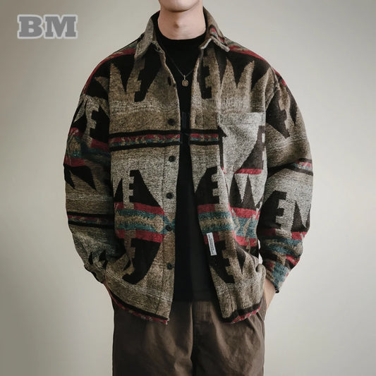 Vintage Heavyweight Flannel Shirt for Men Ethnic Print Long Sleeve Loose Fit Oversized Autumn Winter Fashion Coat