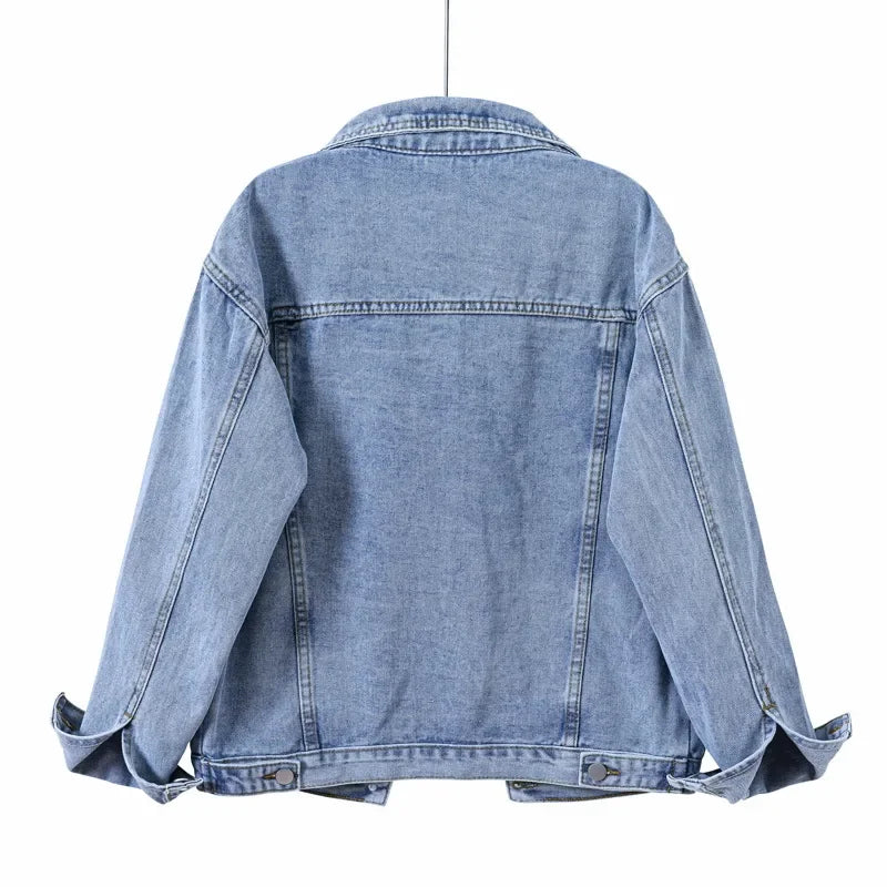Vintage Women Jacket 2026 Autumn Winter Oversize Denim Jackets Washed Blue Jeans Coat Turn-down Collar Outwear Bomber Jacket