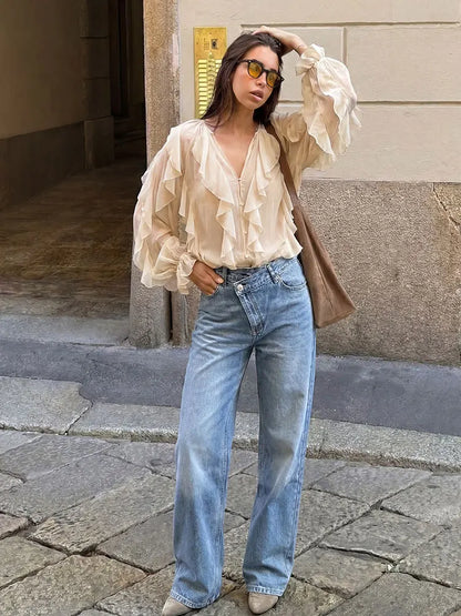 HH Women Vintage Cross Waist Wide Leg Jeans High Waist Asymmetrical Button Fly Baggy Denim Pants For Retro Street Style