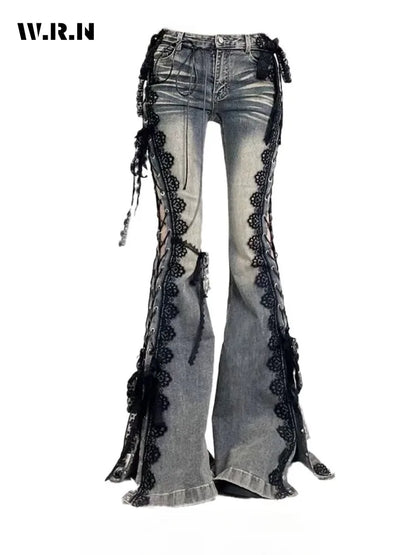 Retro Eyelets Lace Up Flare Jeans Stitch Lace Whiskers Slim Low Rise Split Bootcut Pants Women Bell Bottoms Streetwear