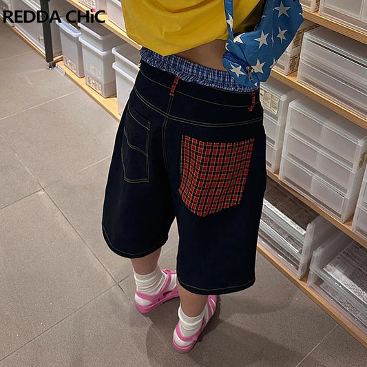 REDDACHiC Harajuku Women Plaid Spliced Denim Shorts Vintage Wash Oversize Trousers Low Waist Baggy Jeans Jorts Y2k Streetwear
