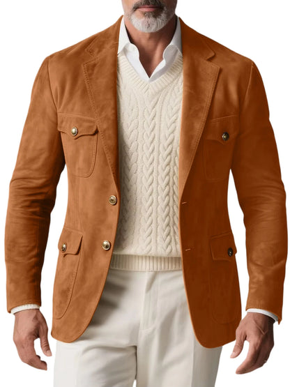 1970s Men's Suede Blazer Retro Slim Fit Two Buttons Multi Pocket High Quality Jacket Fashion Casual Sport Coat For Daily Wear