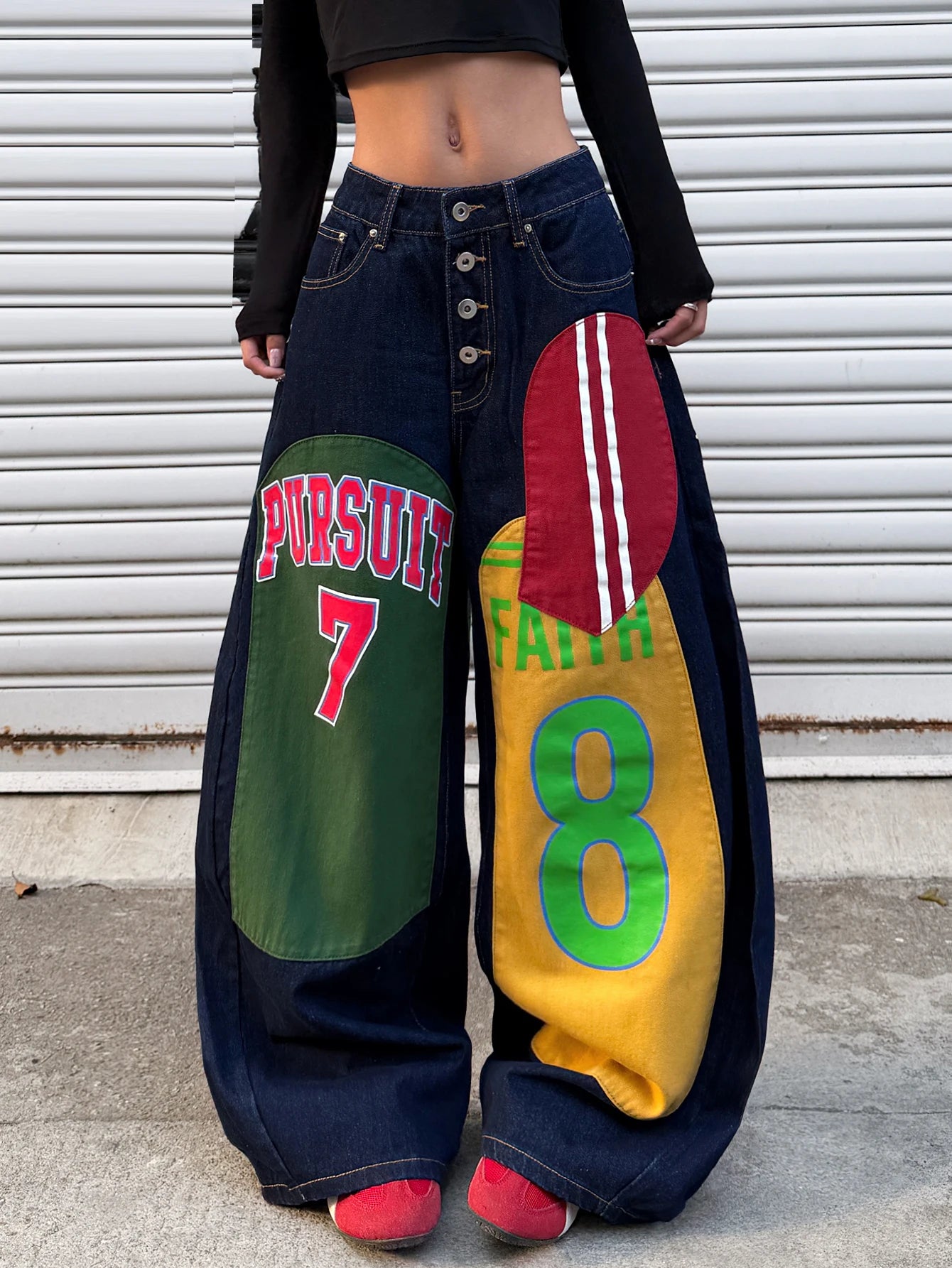 American Retro Alphanumeric Cartoon Printed Button-Down Design Cocoon Jeans, Y2K Street Hip-Hop Fashion Versatile Wide-Leg Pants For Women