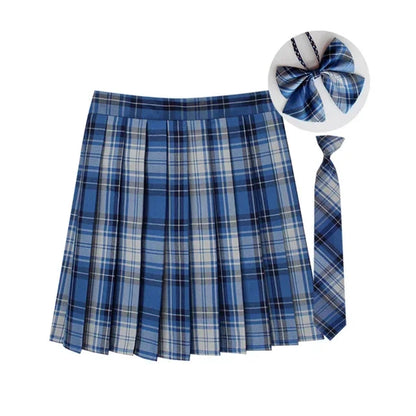 Women Summer Plaid Pleated Skirt With Necktie Bowtie Korean Jk Skirt Uniform Japanese School Preppy A Line Mini Skirts