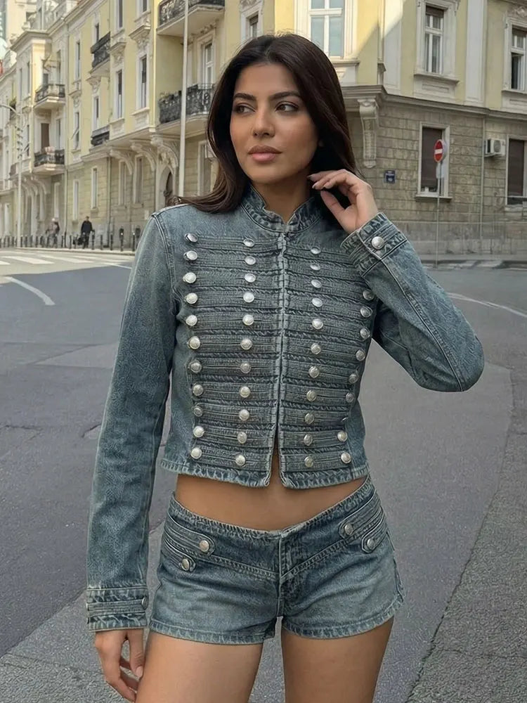HH Women Fashion Denim Jacket Front Metal Button Decoration Coat Long Sleeve Slim Jacket Elegant Woman High Street Denim Outwear