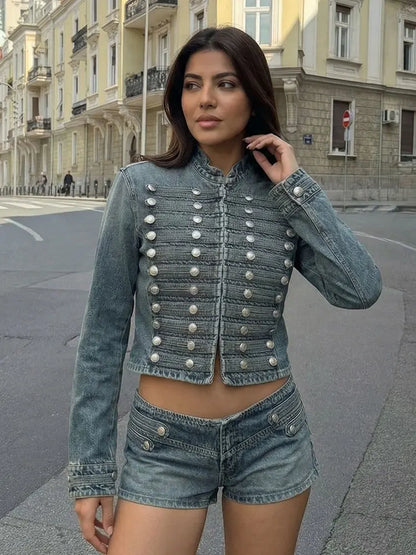 HH Women Fashion Denim Jacket Front Metal Button Decoration Coat Long Sleeve Slim Jacket Elegant Woman High Street Denim Outwear