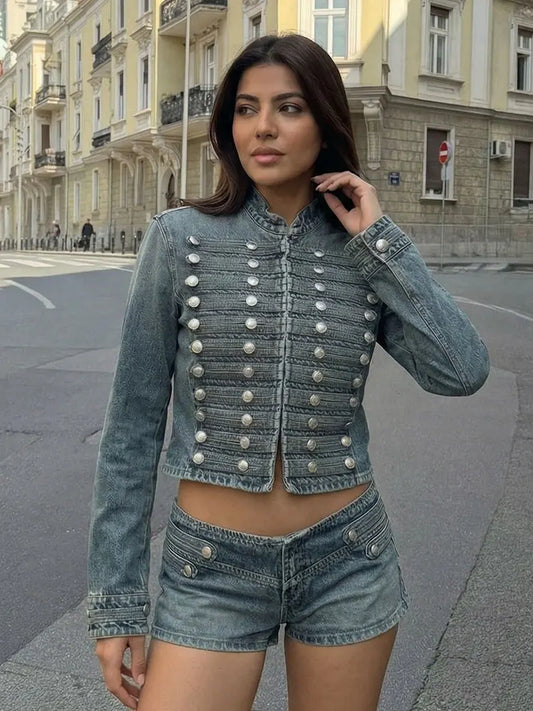 HH Women Fashion Denim Jacket Front Metal Button Decoration Coat Long Sleeve Slim Jacket Elegant Woman High Street Denim Outwear