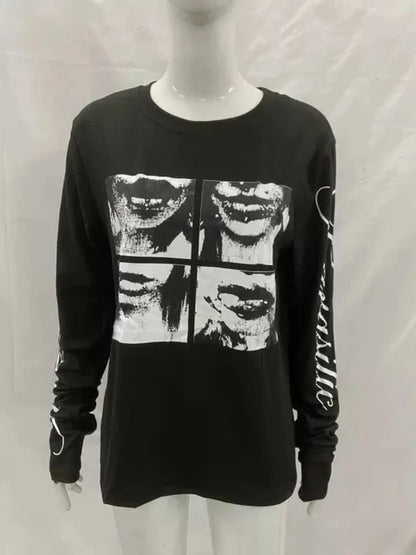 Y2K Harajuku Aesthetics Versatile Tee American Retro Millennium Letter Printed T-shirt Dark Street Punk Long Sleeved Women's Top