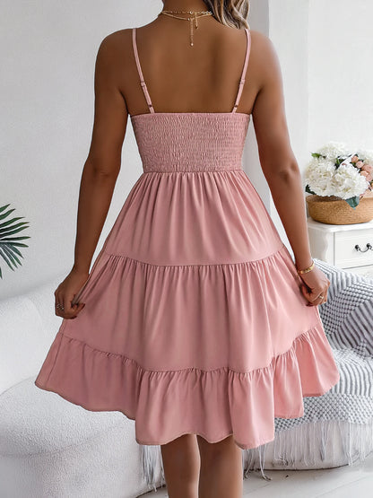 Casual Vacation Ruffled Camisole Dress Spring Summer Women's Solid Dresses for 2026 Valentine's Day Woman Clothing Pink Blue