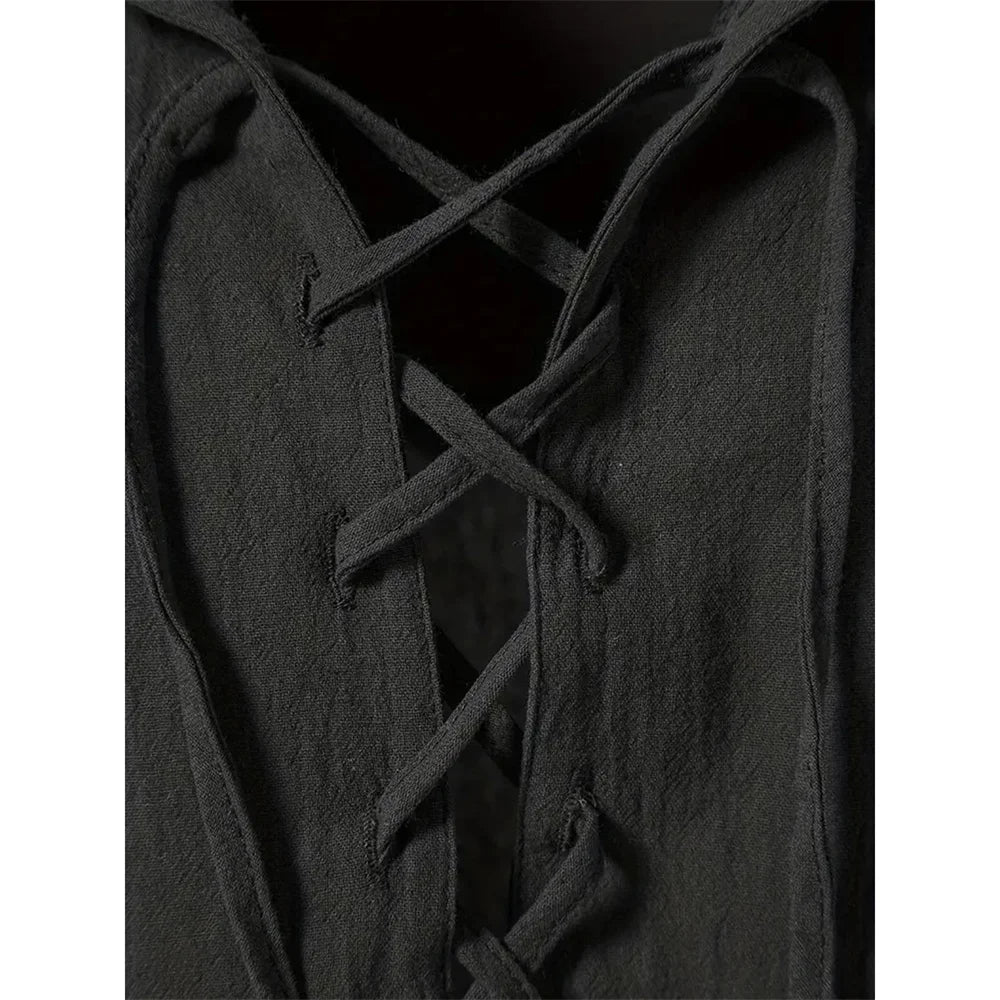 Men's Retro Shirt Short Sleeve Cotton Linen Lightweight Breathable Solid Color Fashion Tops Pirate V-neck Male Stylish Shirts
