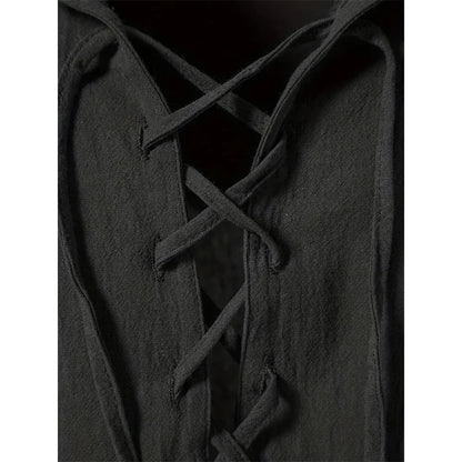 Men's Retro Shirt Short Sleeve Cotton Linen Lightweight Breathable Solid Color Fashion Tops Pirate V-neck Male Stylish Shirts