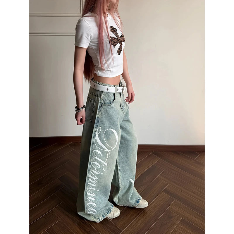 YIBASHU Women Vintage Blue Y2k Baggy Jeans Harajuku Letter Print Denim Trousers Streetwear Japanese 2000s Oversize Jeans Pants