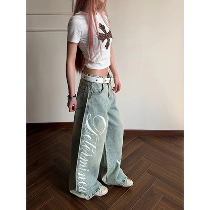 YIBASHU Women Vintage Blue Y2k Baggy Jeans Harajuku Letter Print Denim Trousers Streetwear Japanese 2000s Oversize Jeans Pants