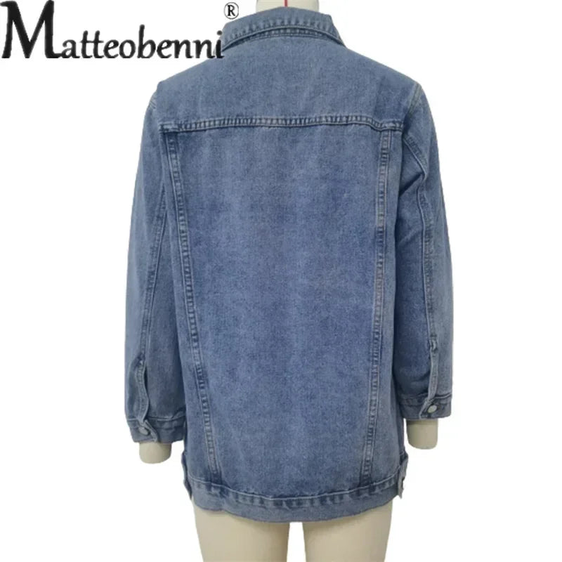 Vintage Denim Jacket Women Autumn Winter Loose Lapel Single-breasted Cardigan Coat Ladies Fashion Casual Commuter Outerwear 2024