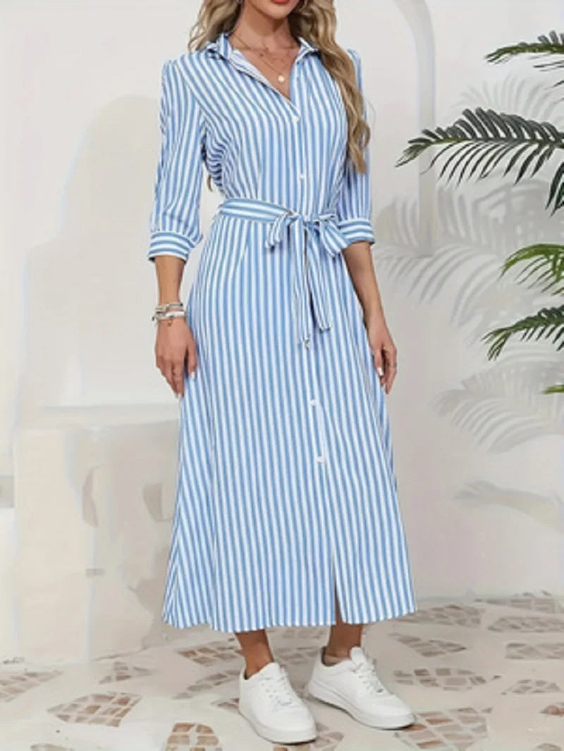 Women Blue White Vertical Striped Shirt Midi Dress 2026 New Turn Down Collar Button Front Belt Waist Tie Waist 3/4 Sleeve Split