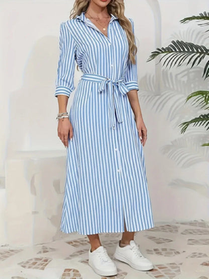 Women Blue White Vertical Striped Shirt Midi Dress 2026 New Turn Down Collar Button Front Belt Waist Tie Waist 3/4 Sleeve Split