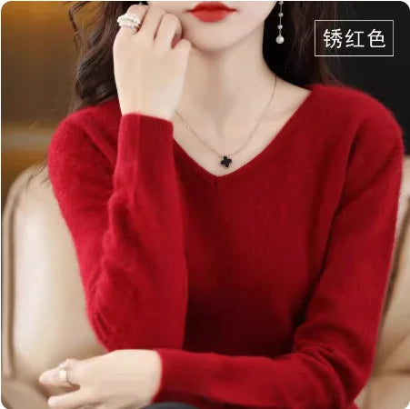 Super Warm Fluffy Mink Cashmere Soft Fur V-neck Sweaters and Pullovers for Women Autumn Winter Jumper Female Brand Jumper