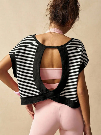 Women Striped Open Back Workout Top Gym Crop Top Summer Active Wear