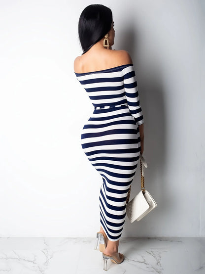 New 2024 Casual Women Dress Summer Striped Bodycon Midi Dresses Slash Neck Lace Up Three Quarter Pencil Dresses