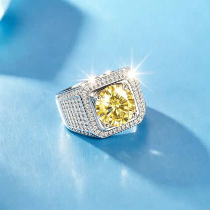 925 silvers yellow moissanite wide ring, starry sky classic men's ring, jewelry, geometric fashion,