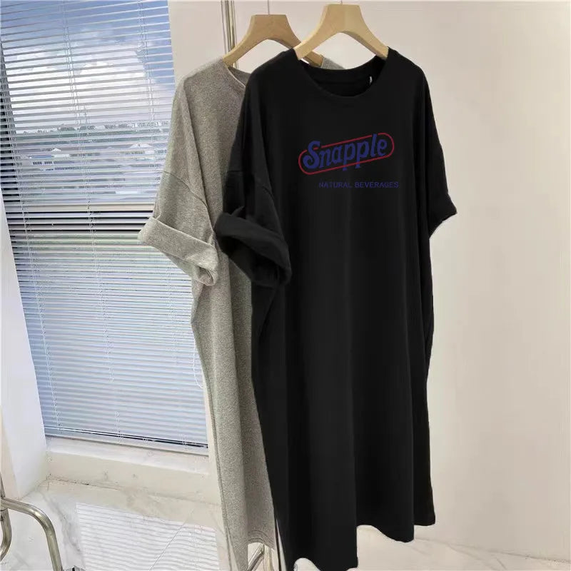 American Retro Letter Printed Plus Size Loose Short Sleeved Dress for Women