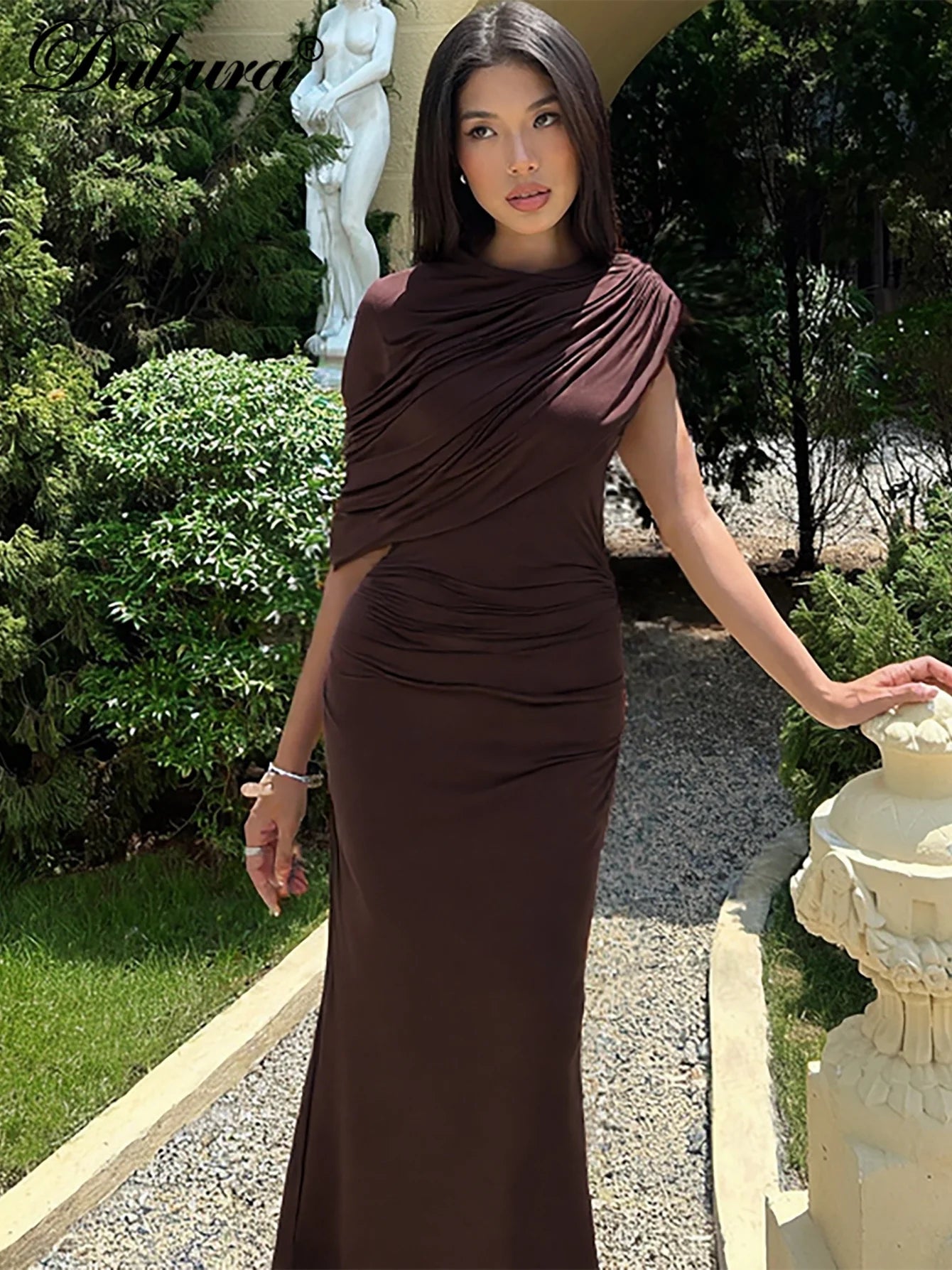 Dulzura Summer Fashion Elegant O-Neck Sleeveless Ruched Slim Fit Long Dress Women'S Solid Casual Dress Party Club Street Clothes