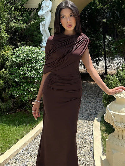 Dulzura Summer Fashion Elegant O-Neck Sleeveless Ruched Slim Fit Long Dress Women'S Solid Casual Dress Party Club Street Clothes