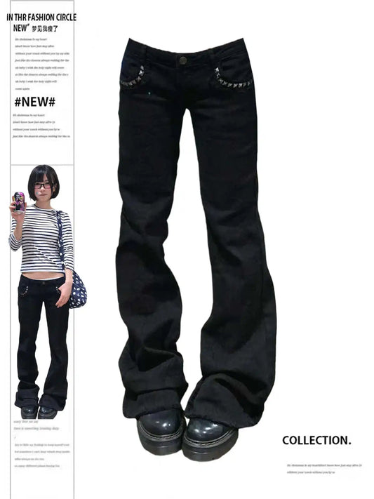 Women's Low Rise Jeans Black Flared Denim Pants Gyaru American Retro Korean Cyber Punk Trumpet Jeans Y2k Skinny Bell Bottom New