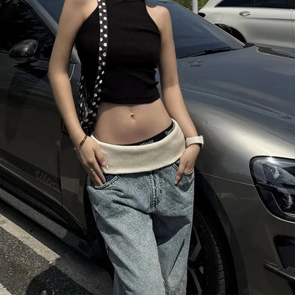 Women Vintage Blue Thread Elastic Waist Baggy Jeans American Retro Washed Denim Pants Streetwear Casual Mom Bf Trousers